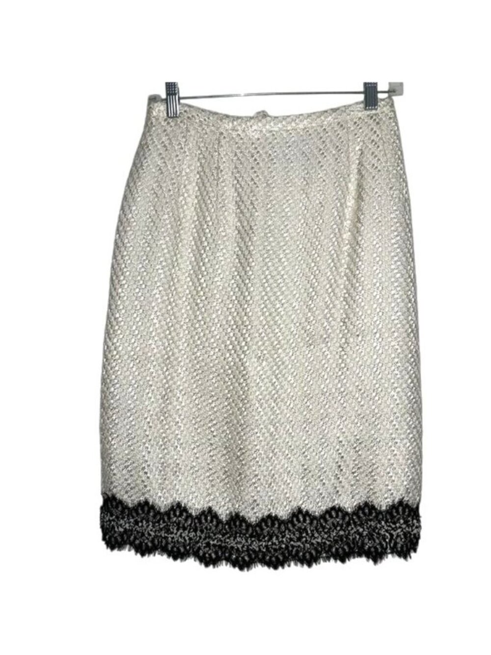 Victor Costa Ivory Textured Pencil Skirt With Black Lace Hem